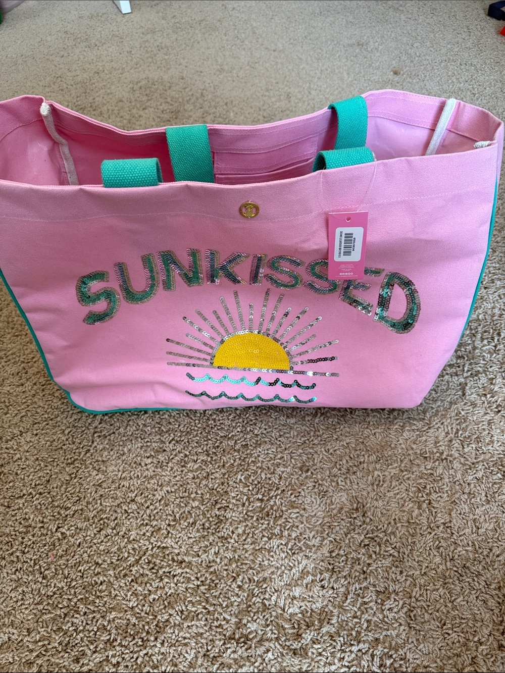 Simply Southern Pink Tote with Teal Handles and Yellow Sun